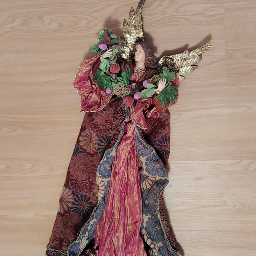 25"Vintage Angel tapestry gown frosted fruit garland Christmas ornament/tree top